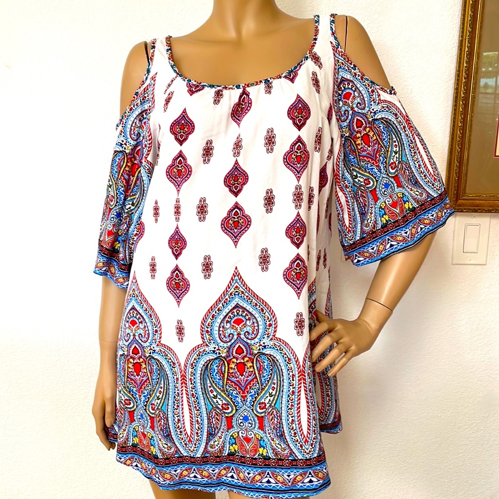 Olive Hill Cold Shoulder Boho White Blue Paisley Cotton Rayon Top Tunic Blouse L